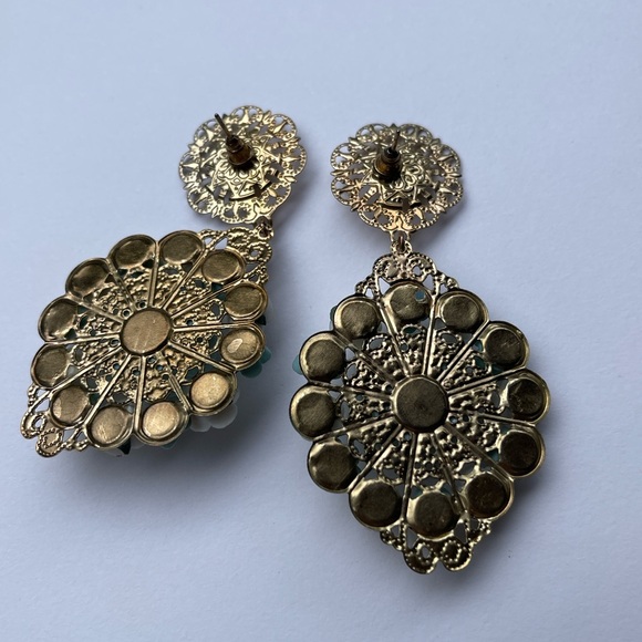 Gold Filigree Rose Earrings dangle drop flowers boho renaissance vintage large - Picture 6 of 10